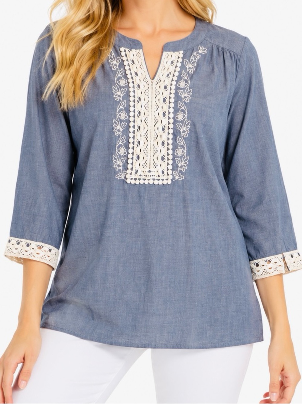 CROFT & BARROW 100% Cotton Blue Chambray Embroidered Split-Neck Blouse Top #LHP